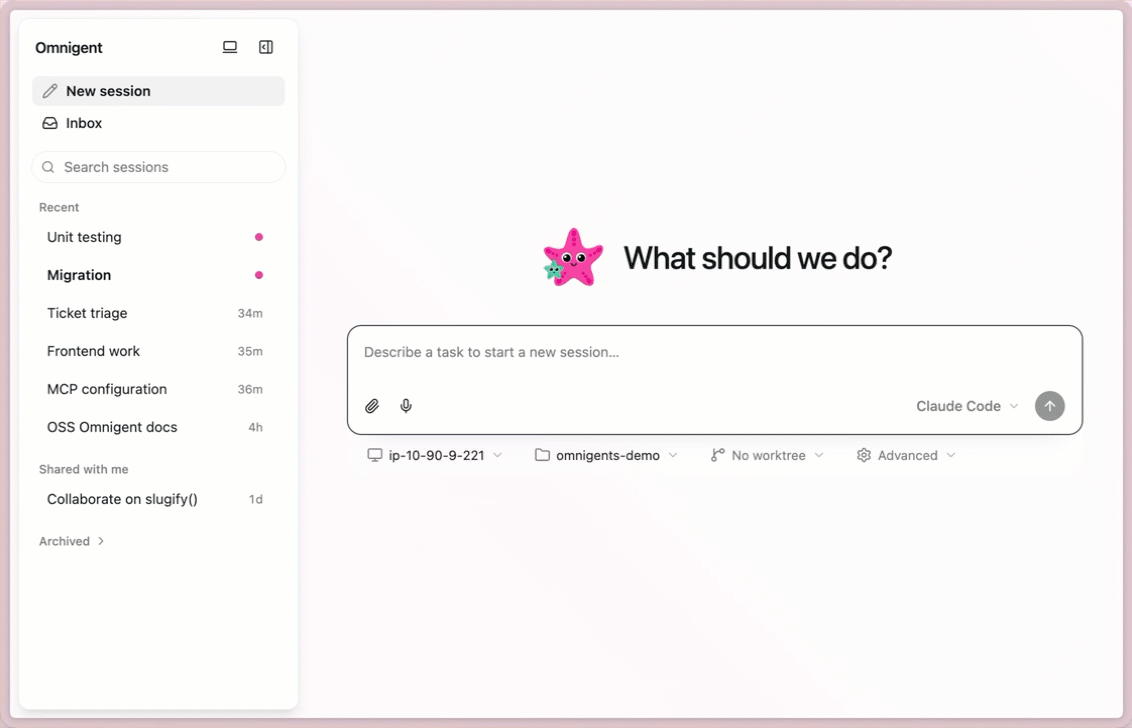 Omnigent web UI running a coding agent session